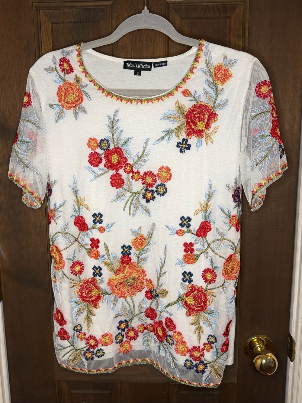 Tolani Collection Floral Embroidered Mesh Top Sz S Boho Sheer Overlay Shirt